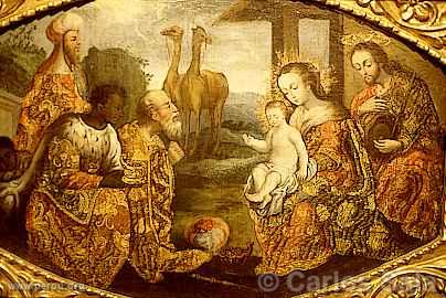 Reprsentation de la visite des Rois Mages  Jsus et ses parents, peinture de l'Ecole de Cusco
