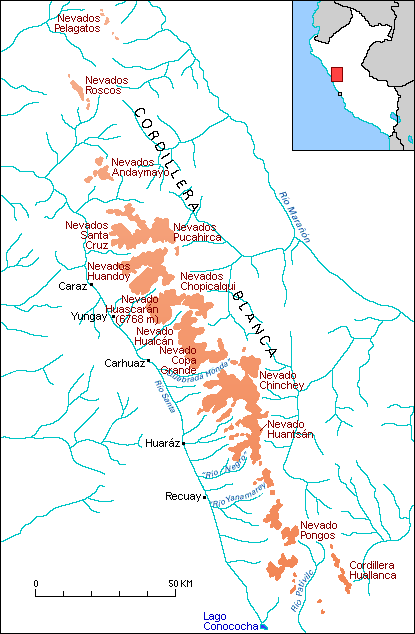 Glaciers dans les Cordillères Blanche et de Huallanca